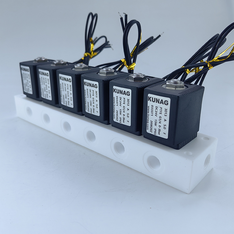 4001-P6 type combination solenoid valve, 1 inlet and 6 outlets, made of polytetrafluoroethylene (PTFE), corrosion-resistant