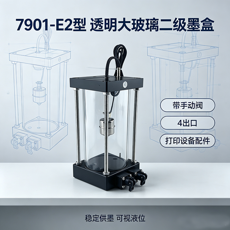 7901-E2型 565mL透明大玻璃二级墨盒 带手动阀4出口 数码喷墨打印设备专用大容量供墨系统