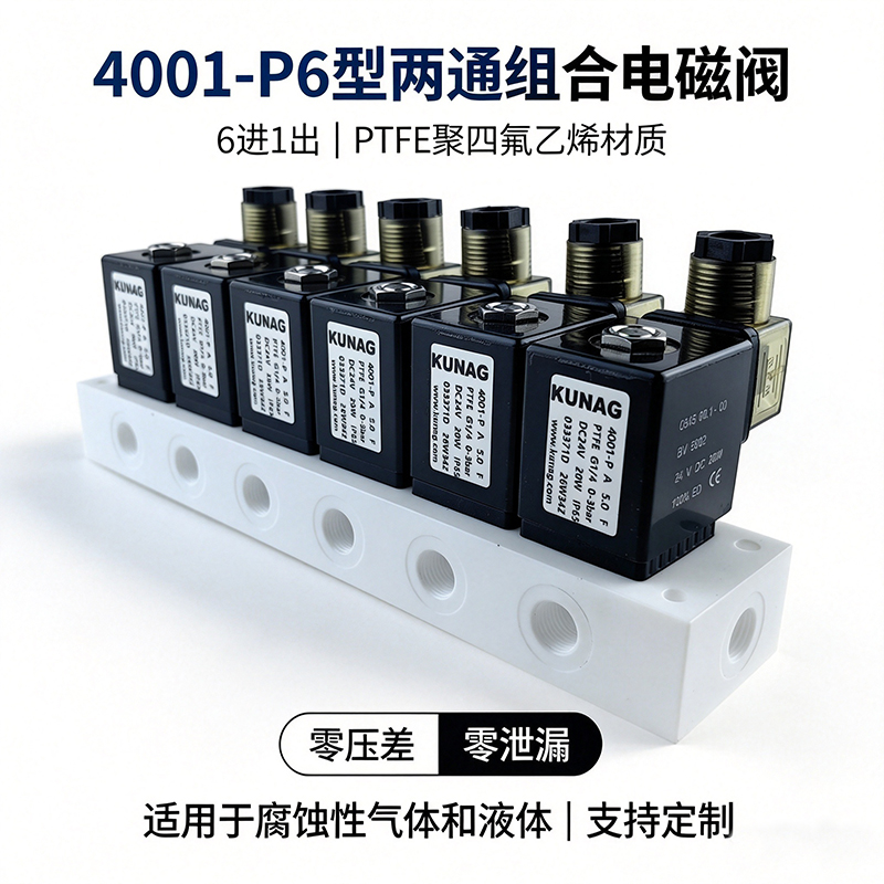 4001-P6型两通电磁阀组合阀（6进1出/PTFE聚四氟乙烯/零压差/零泄漏/耐腐蚀）——工业腐蚀性流体精密控制专用，支持2进1出至12进1出多通道非标定制