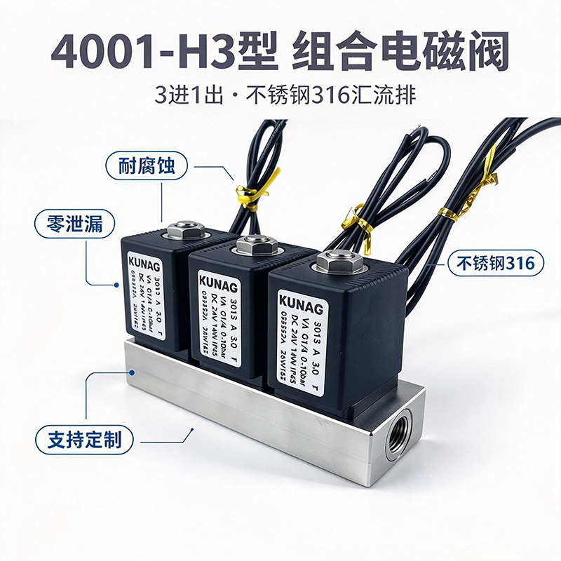 4001-H3集成阀组电磁阀｜3进1出｜多路组合可定制｜316不锈钢
